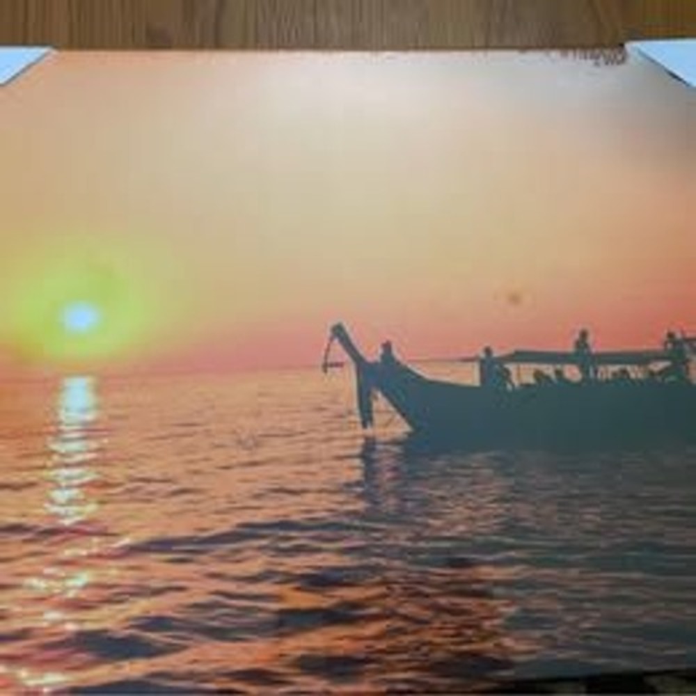 Sunset Canvas Wall Art  3 Piece Ocean Fishing Boat Coastal Decor Prints.